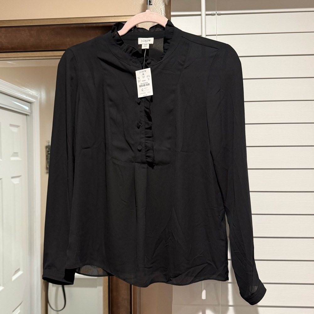 NWT J Crew Black Chiffon Ruffle Mock Neck Blouse size 00 (Fits XS)
